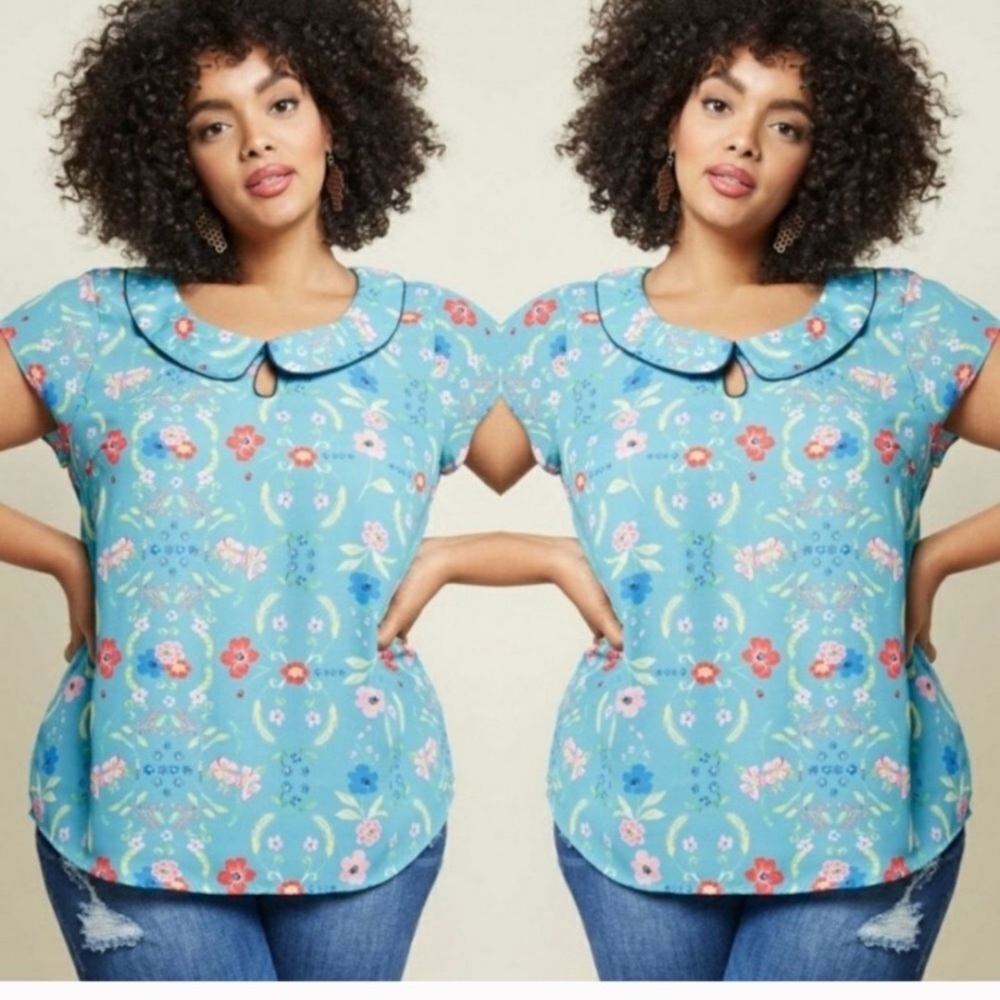 ModCloth Teal Floral Peter Pan Collar Blouse